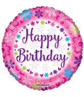 18" HB Pink With Flowers Helium Foil Balloon (5 pack) #15131 (D)