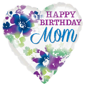 18" Happy Birthday Mom Watercolor Heart Shape Helium Foil Balloon (5 Pack) #30739