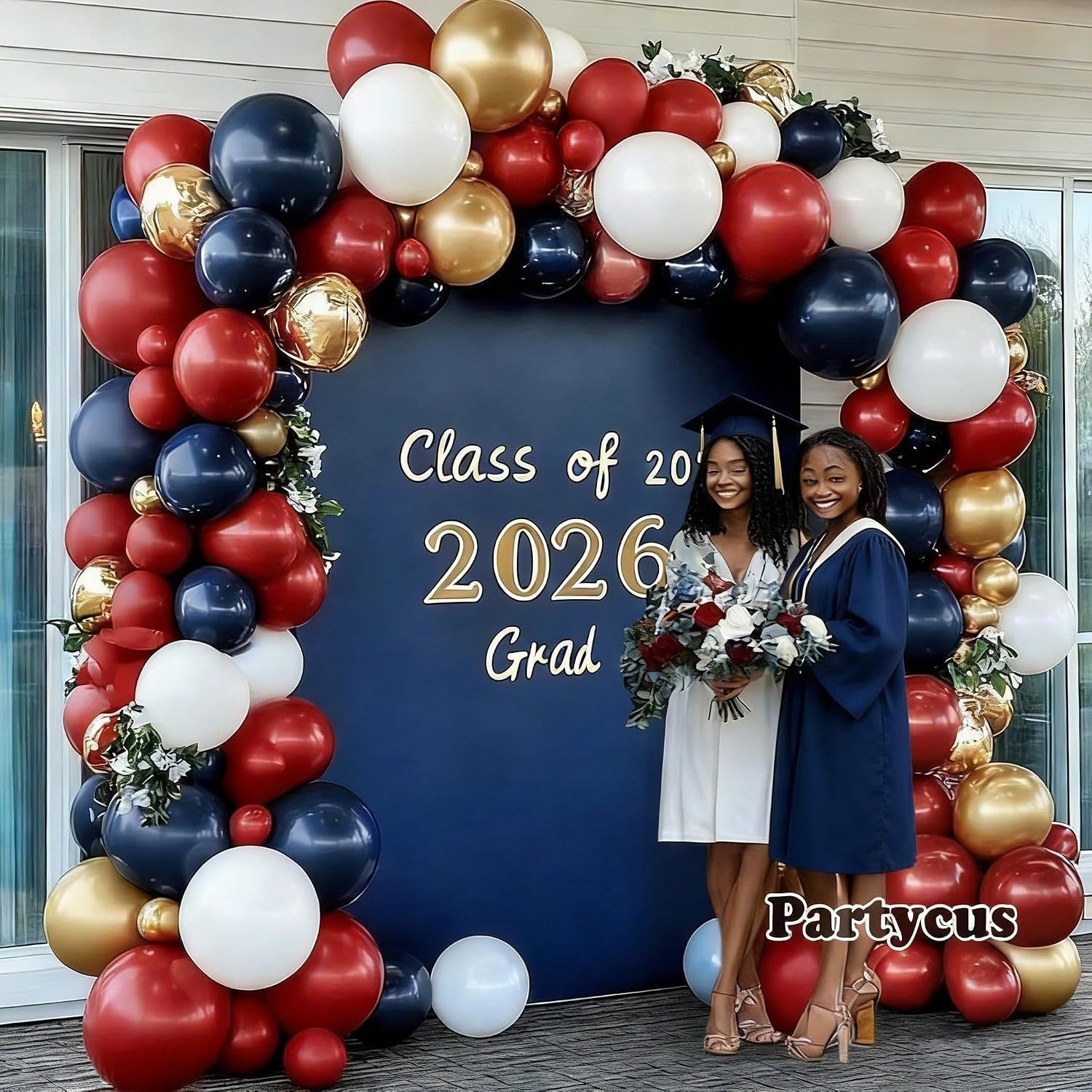 Red White Blue Balloon Arch Double Stuffed, Navy Blue Dark Ruby Red Balloon Garland Kit with Latex Gold for Birthday 4Th of July Patriot Graduation Independence Day Veterans Day Party Decoration