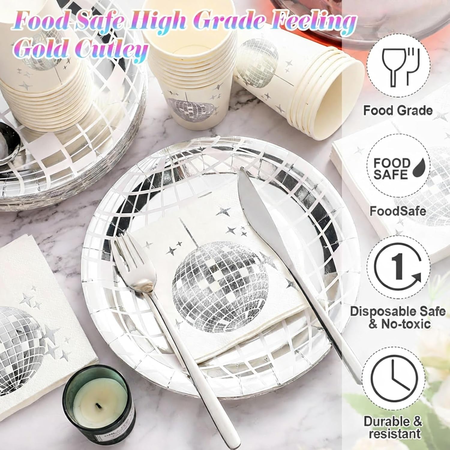 150 Pcs Disco Party Plates Cups and Napkins Silver Disco Ball Theme Party Decorations 70S Hip Hop Disposable Dessert Tableware Set Serves for 50 Guests Birthday Baby Shower Supplies