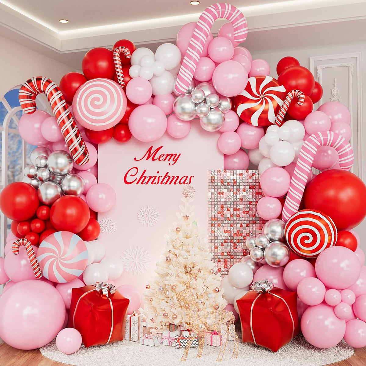 150-Piece Christmas Balloon Arch Kit - Pink, Red, White, and Silver Balloon Garland with Candy Cane and Lollipop Foil Balloons for Holiday Celebrations, Birthdays, and Baby Showers