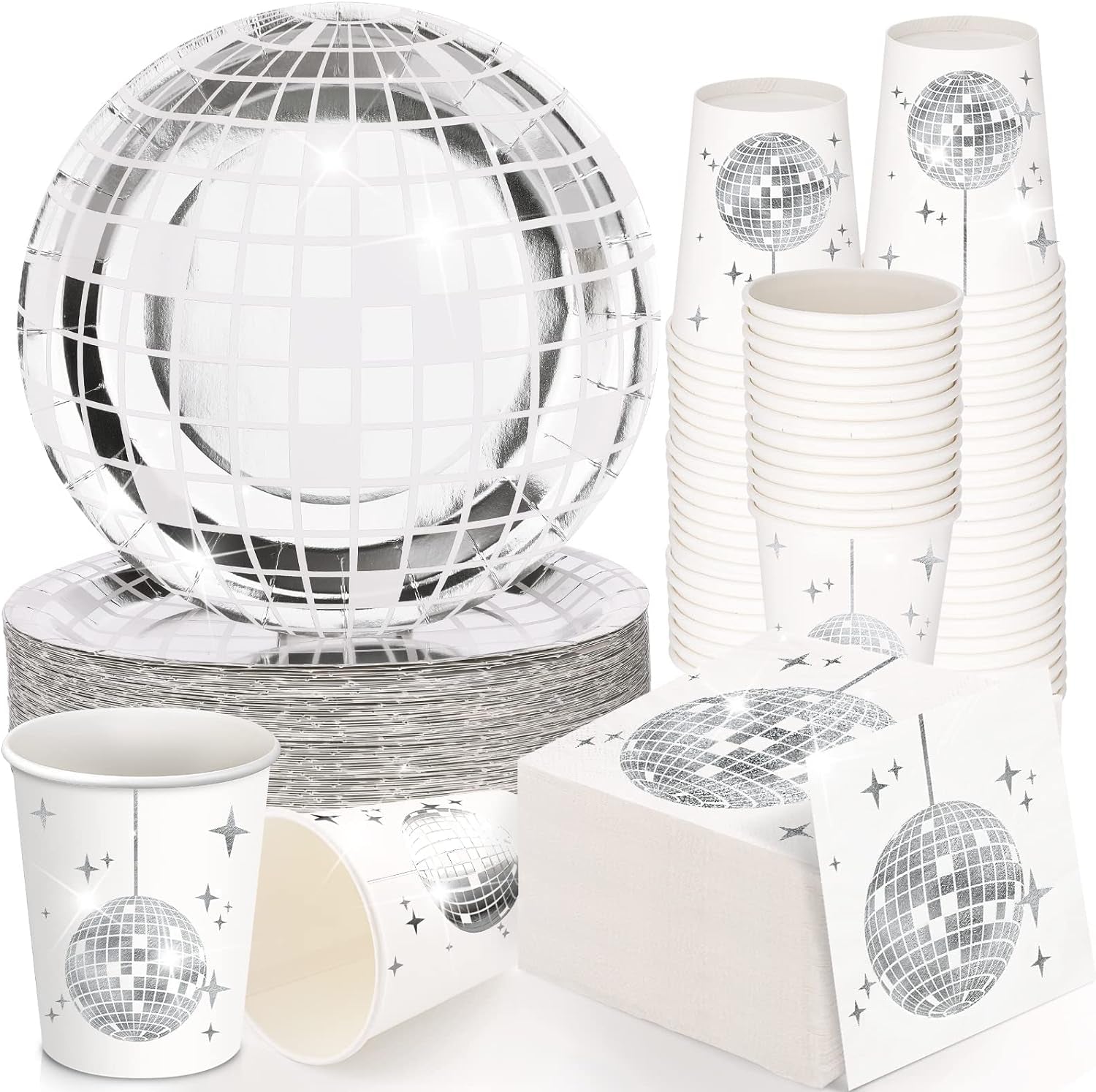 150 Pcs Disco Party Plates Cups and Napkins Silver Disco Ball Theme Party Decorations 70S Hip Hop Disposable Dessert Tableware Set Serves for 50 Guests Birthday Baby Shower Supplies