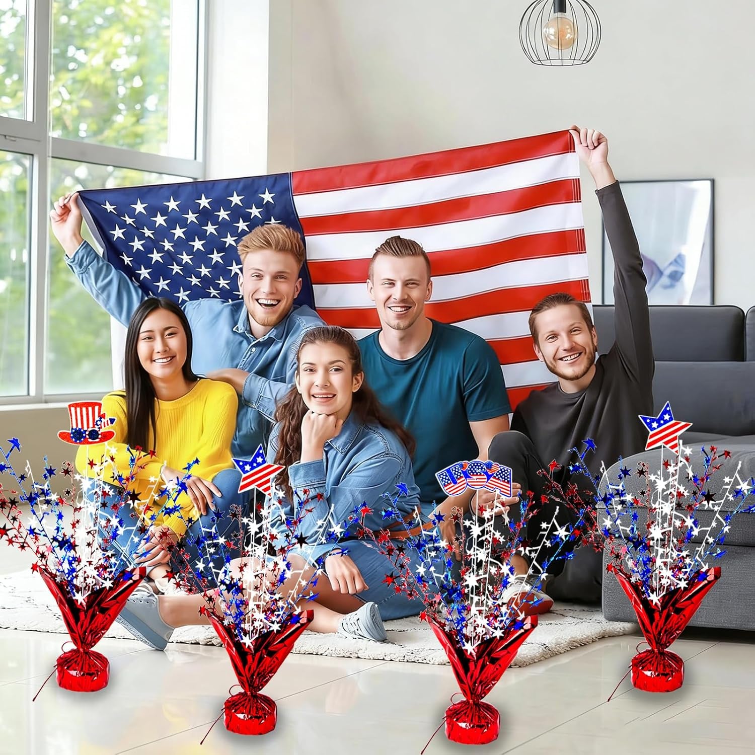 6 Pcs 4Th of July Table Decoration Red White and Blue Table Centerpiece Metallic Foil Spray Star Burst Patriotic 250Th Anniversary Independence Memorial Labor Veteran Day Tabletop Party Decor