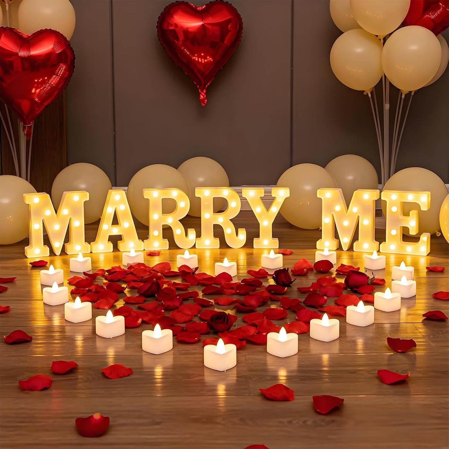Marry Me Light up Letters, with 30 Tea Lights Candles, Rose Petals, Aluminum Balloons, Balloons, Red Carpet, Rose Ring Box, Double Sided Tape, Valentine'S Day Proposal Engagement Wedding Decorations