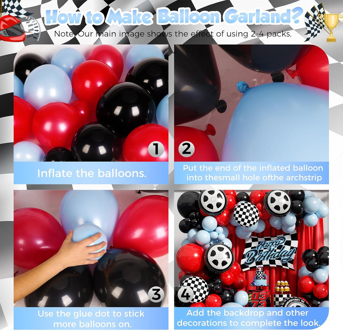 Race Car Balloon Arch Garland Kit - 154-Piece Set with Tire Flags and Checkered Balloons for Racing-Themed Birthday and Anniversary Celebrations