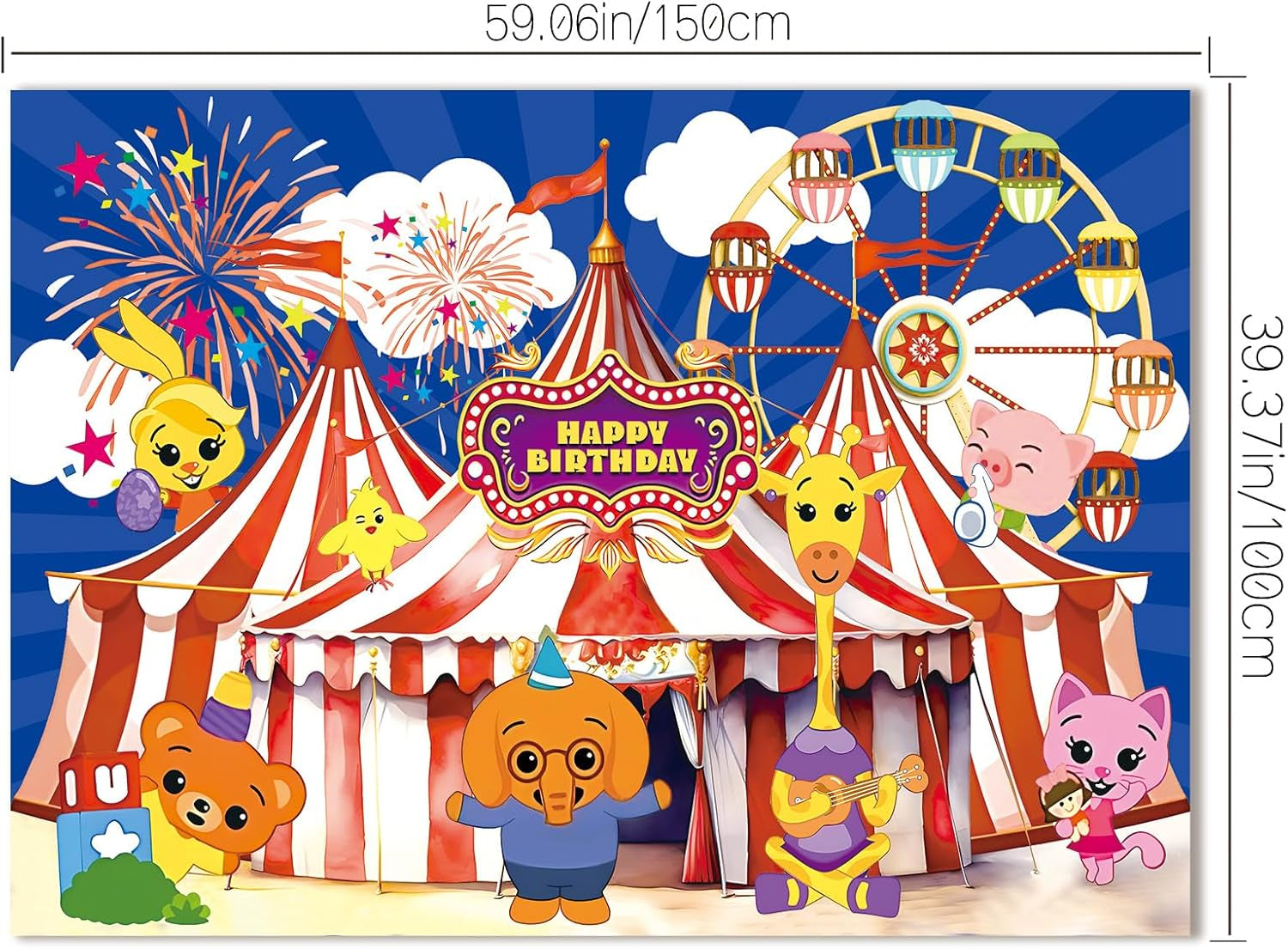 Circus Theme Birthday Party Decorations, Cartoon Carnival Animal Party Supplies with Happy Birthday Banner, Backdrop, Balloons, Cake & Cupcake Toppers for Carnival Themed Kids Birthday Party Decor