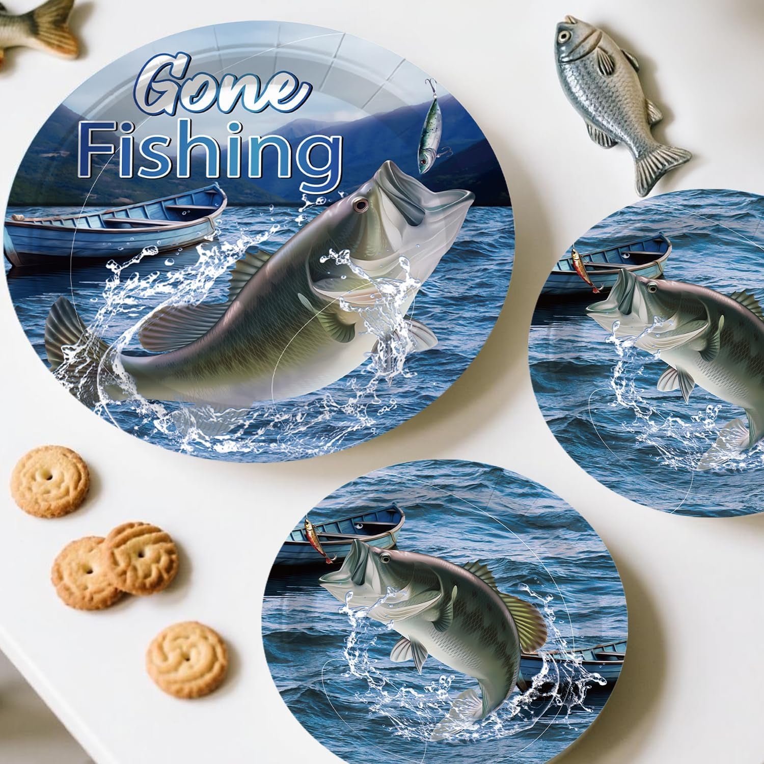 219 Pcs Fishing Birthday Party Decorations Serves 25 Guests, Fish All-In-One Birthday Tableware Set with Plates, Backdrop, Cupcake Stand, Napkins, Banner, Tablecloth, Cake Topper and Centerpieces