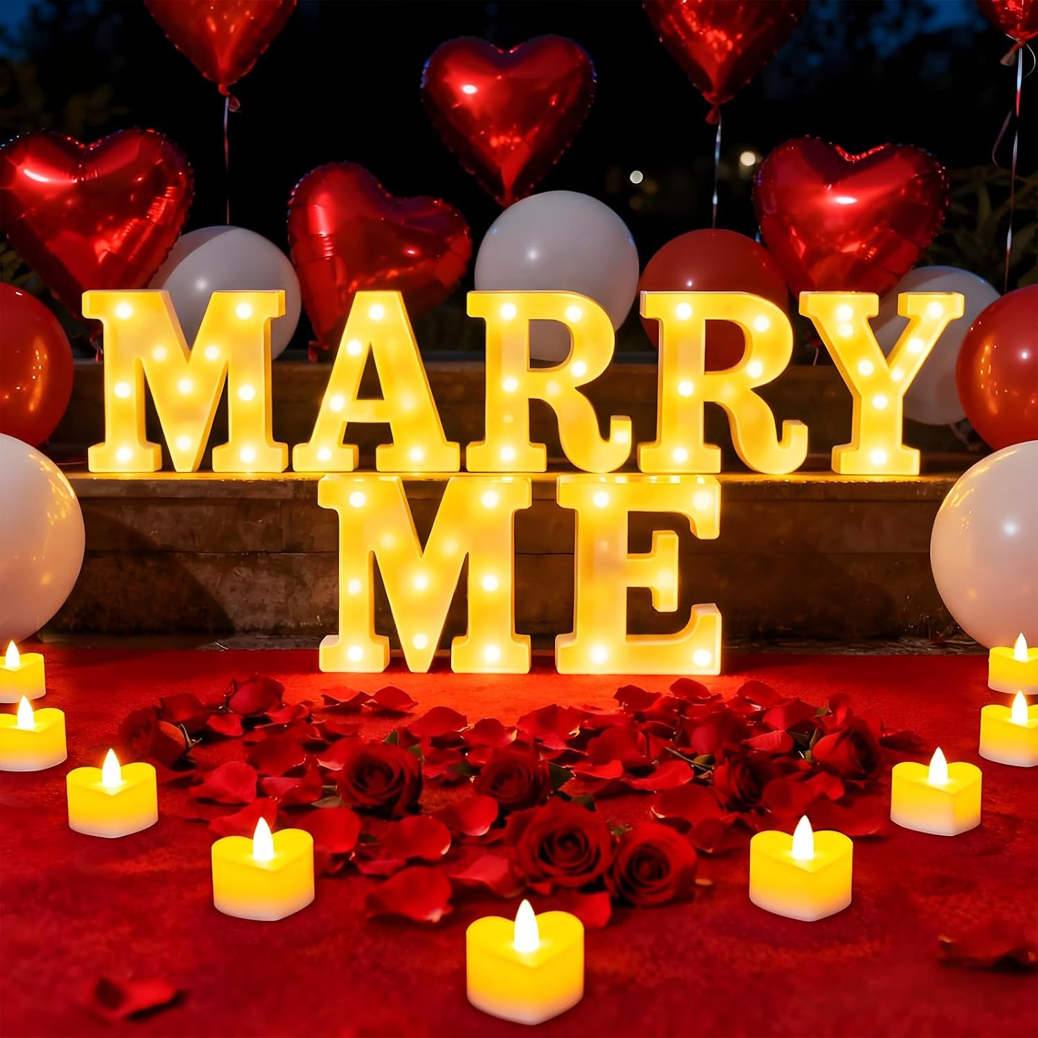 Marry Me Light up Letters, with 30 Tea Lights Candles, Rose Petals, Aluminum Balloons, Balloons, Red Carpet, Rose Ring Box, Double Sided Tape, Valentine'S Day Proposal Engagement Wedding Decorations