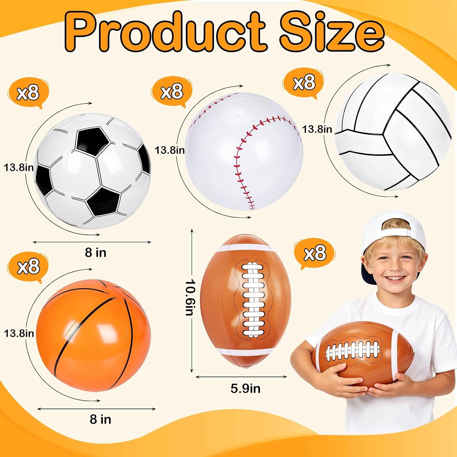 20/30/40/60 Pcs Inflatable Sports Beach Balls, 8" Inflatable Basketball Baseball Football Soccer Volleyball Beach Balls Bulk for Summer Pool Game Sports Themed Party Decorations Birthday Party Favors
