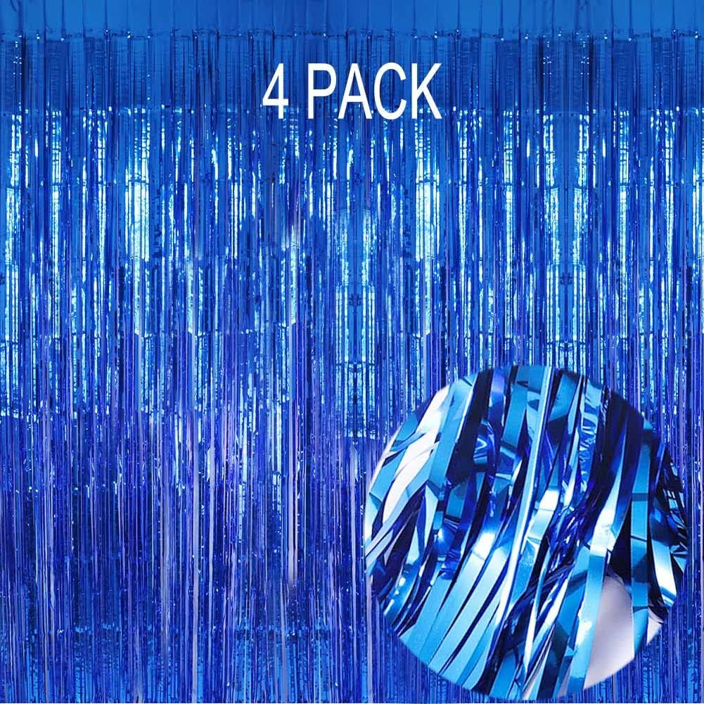 Blue Foil Fringe Curtain- 4 Pack of 3.2X8.2Ft Blue Streamers Backdrop Curtains for Party Decorations