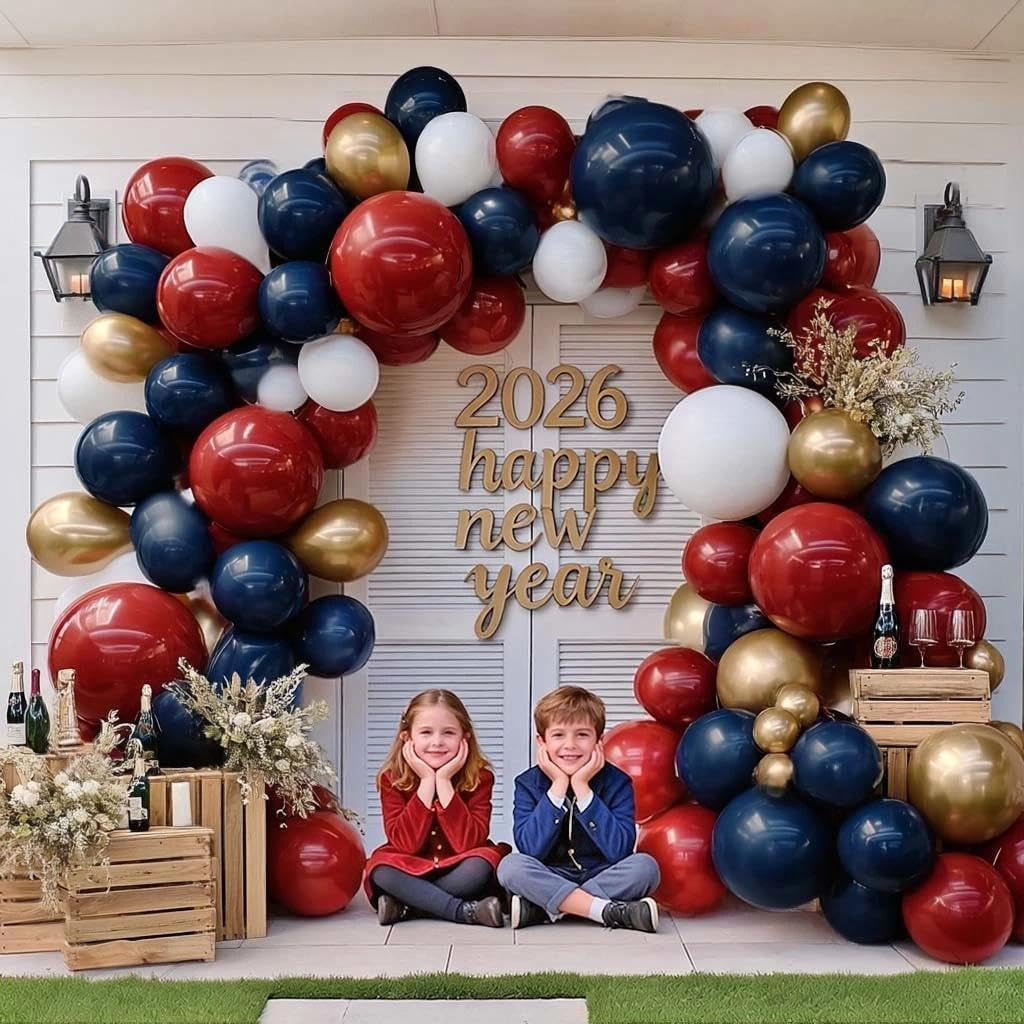 Red White Blue Balloon Arch Double Stuffed, Navy Blue Dark Ruby Red Balloon Garland Kit with Latex Gold for Birthday 4Th of July Patriot Graduation Independence Day Veterans Day Party Decoration