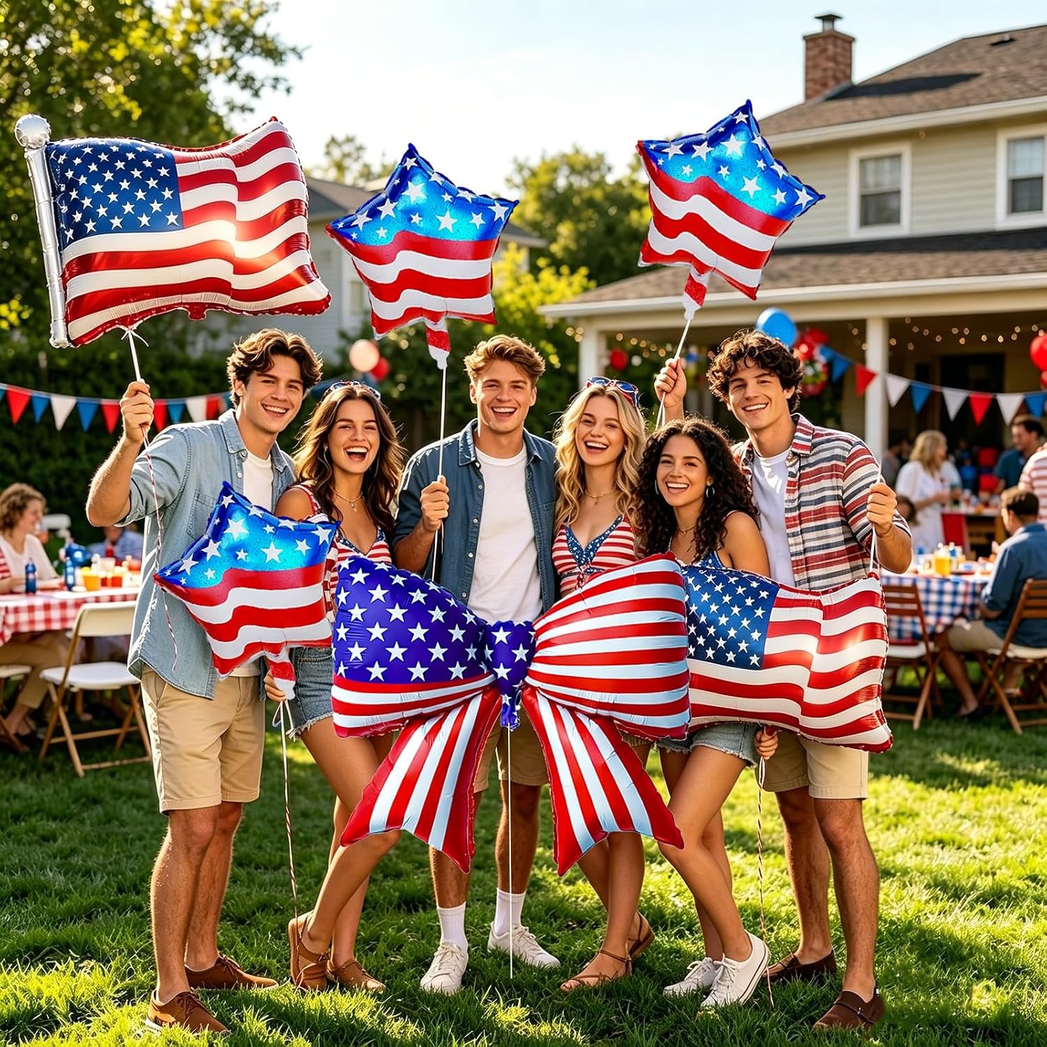 5 PCS 4Th of July Patriotic Balloons Set, American Flag Balloons USA Flag Bow Foil Balloon for Independence Day Memorial D Labor Day Red White Blue Party Decorations