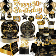 50Th Birthday Decorations for Men 206PCS Black and Gold All-In-One 50Th Birthday Party Supplies with Plates, Napkins, Banner, Tablecloth, Cake Topper & Centerpieces, Service 25 Guests