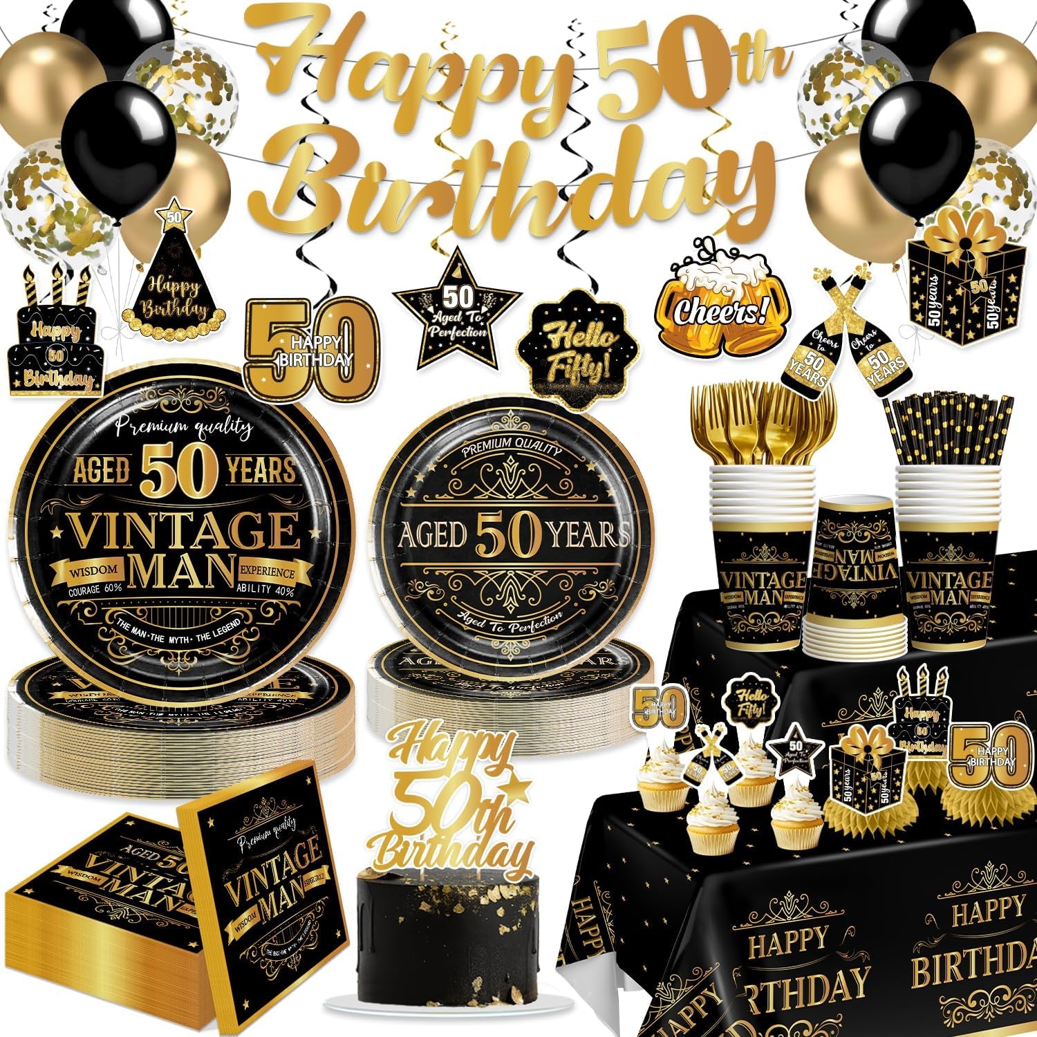 50Th Birthday Decorations for Men 206PCS Black and Gold All-In-One 50Th Birthday Party Supplies with Plates, Napkins, Banner, Tablecloth, Cake Topper & Centerpieces, Service 25 Guests