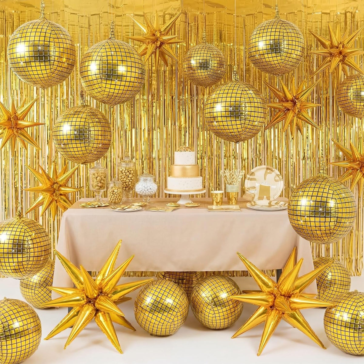 24 Pcs Gold Disco Party Decoration Sets 22'' 4D Ball Star Balloons Bright Metallic Tinsel Foil Fringe Curtains for Graduation Western Cowgirl Bride to Be Bachelorette