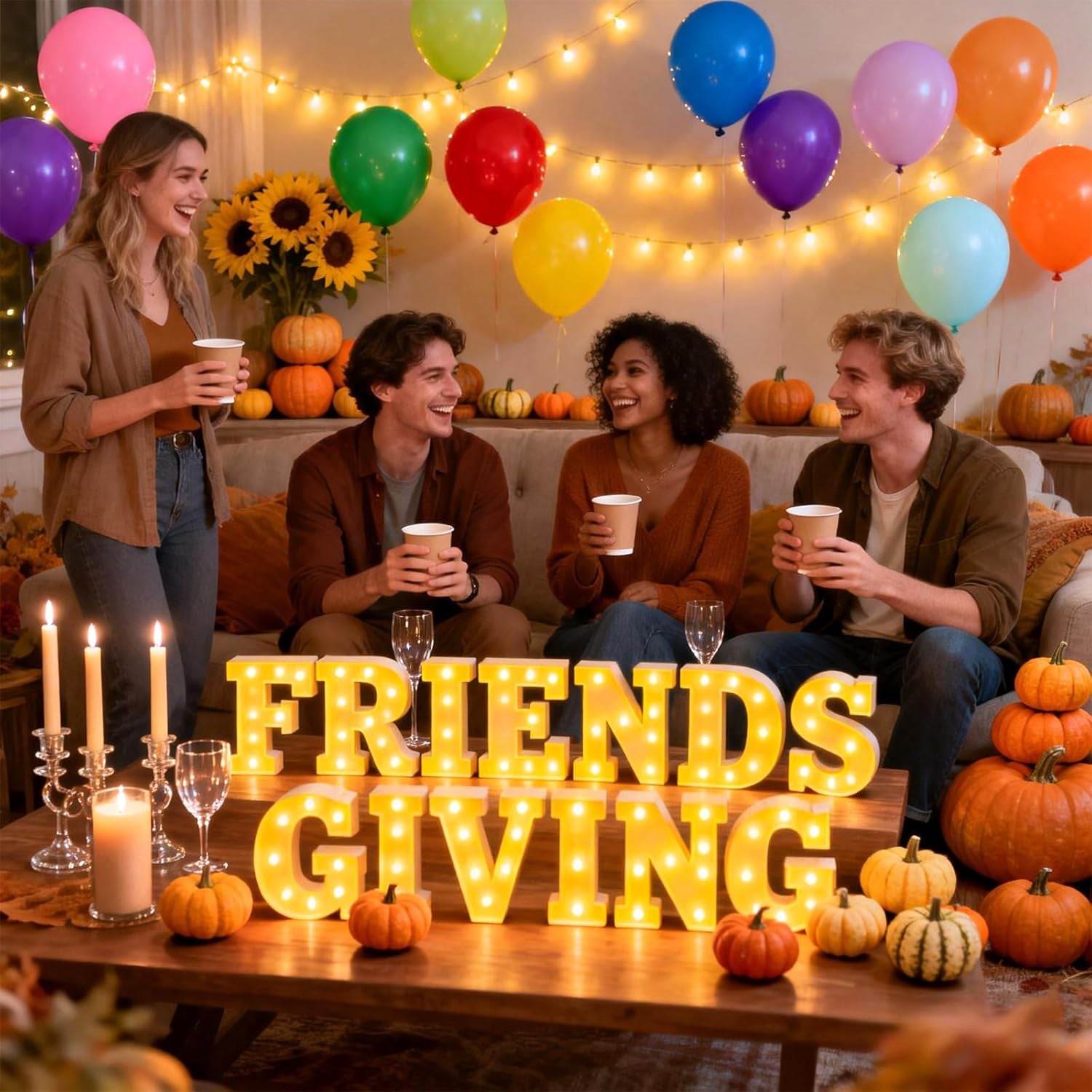 Friends Giving Party Decorations, Light up Letters Sign with 40 round Pearlescent Balloons, Led Marquee Lights Table Decoration for Friends Themed Party Birthday Galentines Decor Thanksgiving