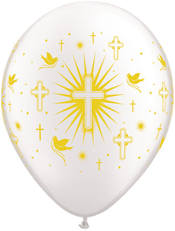 11" Qualatex Pearl White Cross+Doves Printed Gold Ink 50ct #86384