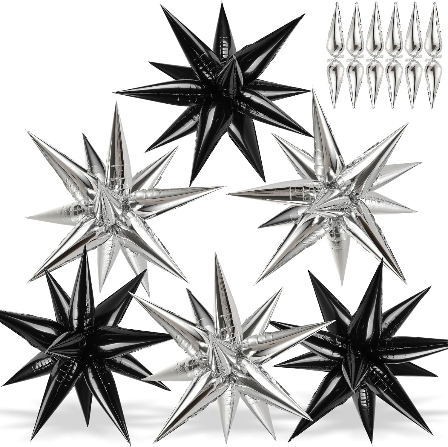 74 PCS Silver Star Balloons, 12 Point Star Foil Mylar Balloons Spike Explosion Cone Balloon for Party Decorations Supplies, Birthday, Wedding, Baby Shower, Graduation Balloon 2025