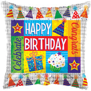 18" Happy Birthday Hats Celebrate Square Shape Helium Foil Balloon (5 Pack) #16551