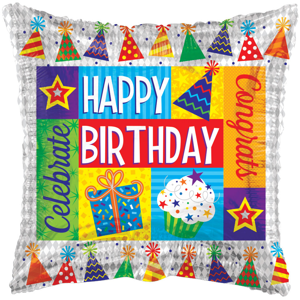 18" Happy Birthday Hats Celebrate Square Shape Helium Foil Balloon (5 Pack) #16551