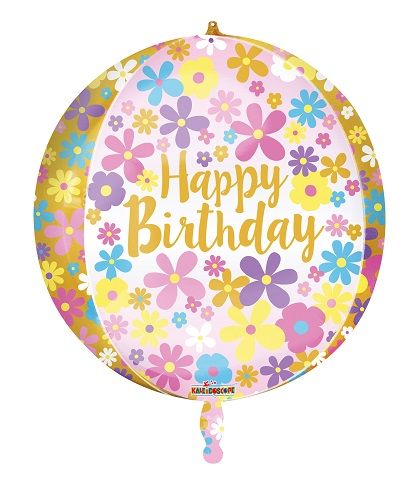 15" Spheres Spherical Happy Birthday Pastel Flowers Helium Balloon (1 PACK) #16907