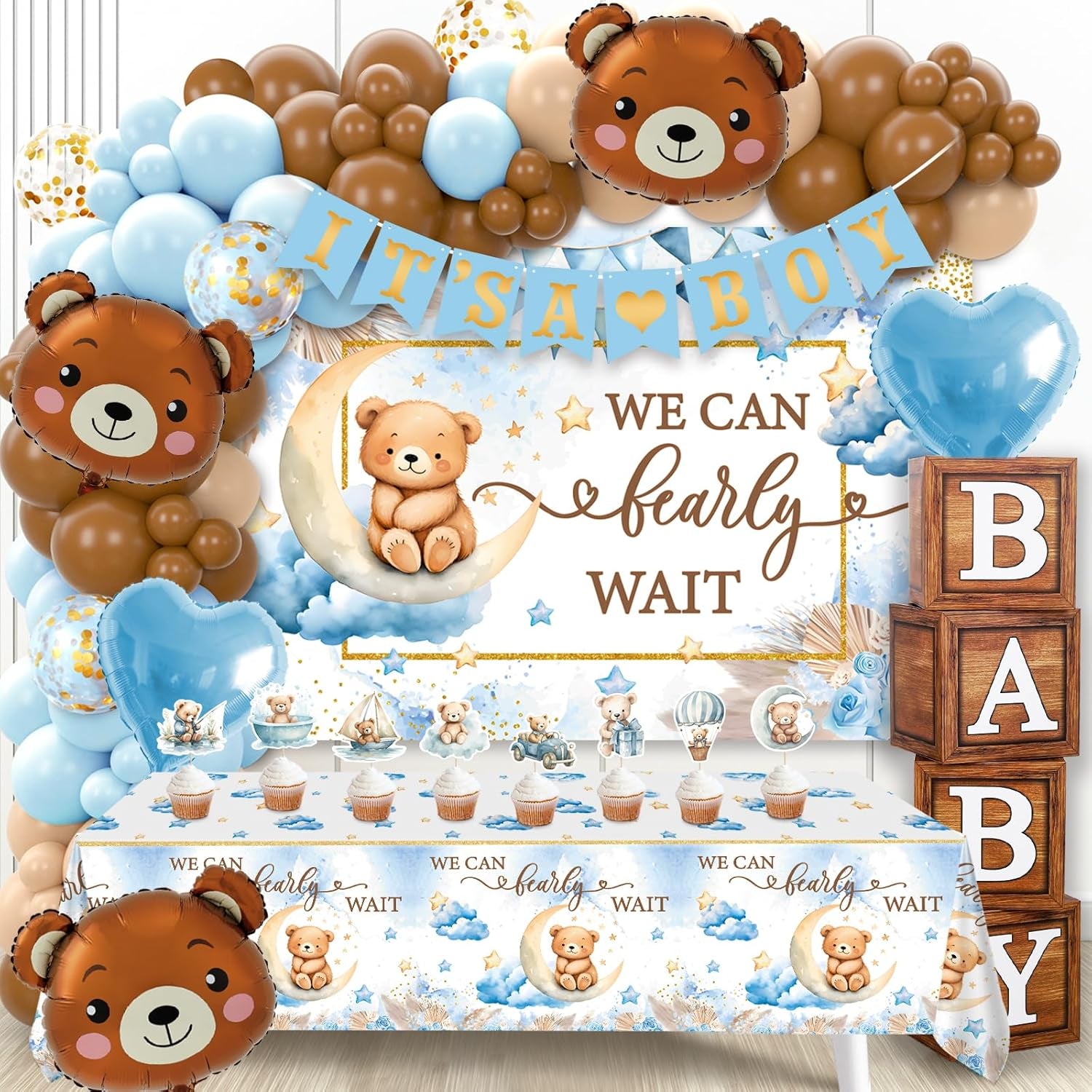 We Can Bearly Wait Baby Shower Decorations -Teddy Bear Boho Balloons Banner Boxes Cupcake Topper, We Can Bearly Wait Sign Backdrop Tablecloth, Boy Baby Shower Decorations Gender Reveal Party Decor