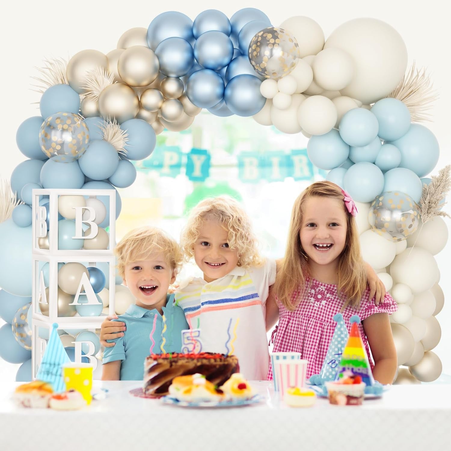 153Pcs Dusty Blue Balloon Baby Shower Decorations for Boy, Blue Balloon Arch Kit Baby Boxes with Letter (A-Z+Baby) for Boho Baby Shower Boy Birthday Gender Reveal Party Supplies