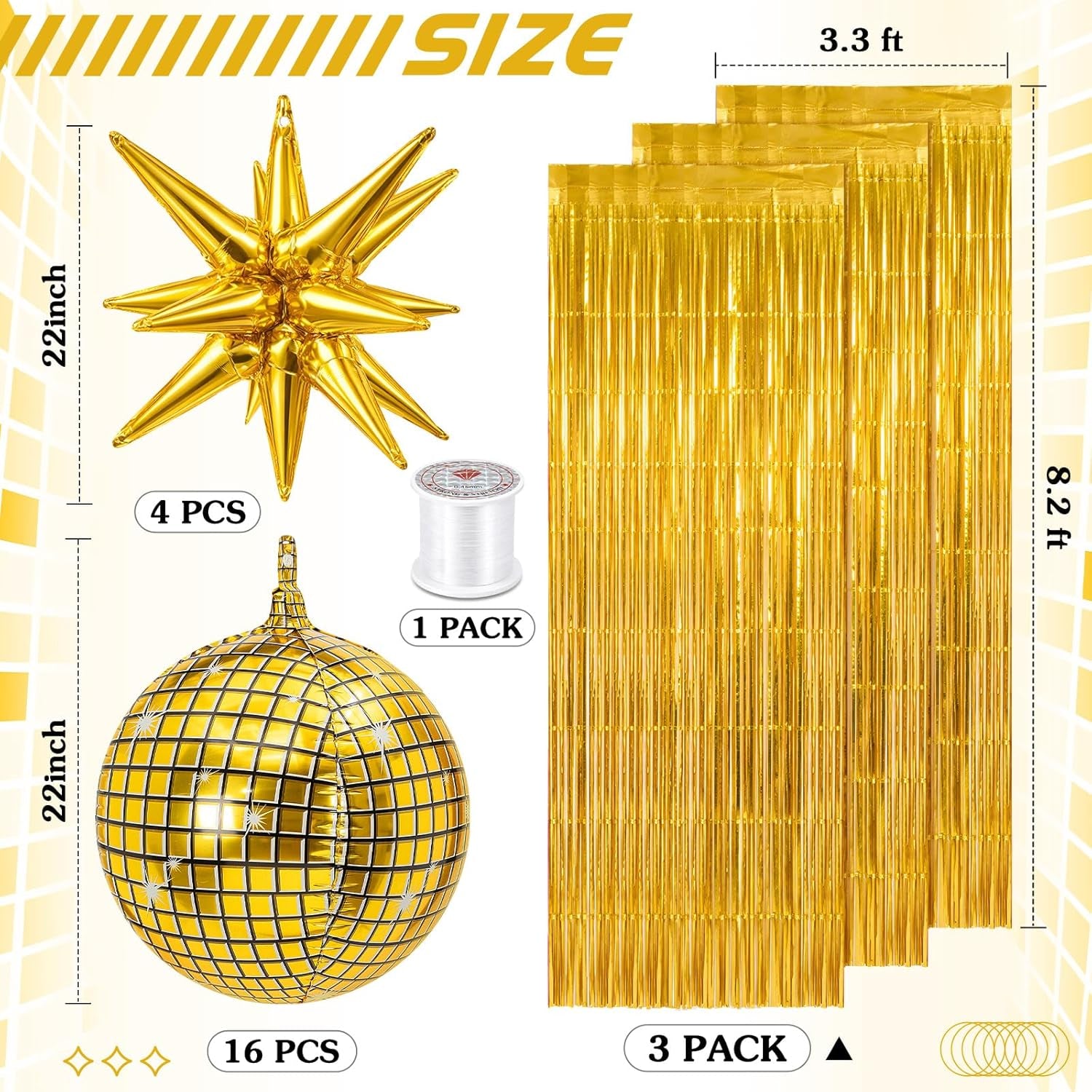 24 Pcs Gold Disco Party Decoration Sets 22'' 4D Ball Star Balloons Bright Metallic Tinsel Foil Fringe Curtains for Graduation Western Cowgirl Bride to Be Bachelorette