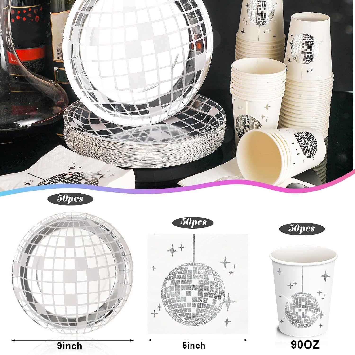 150 Pcs Disco Party Plates Cups and Napkins Silver Disco Ball Theme Party Decorations 70S Hip Hop Disposable Dessert Tableware Set Serves for 50 Guests Birthday Baby Shower Supplies