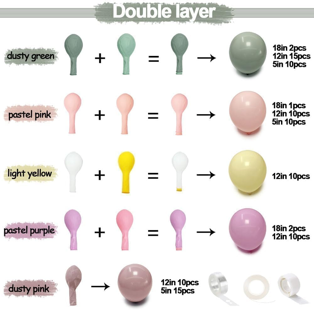 Dusty Green Pink Yellow Balloon Garland Double Stuffed Pastel Pink Yellow Haze Purple Green Floral Pastel Balloons Arch Kit for Birthday Wild Flower Tea Baby Shower Garden Party Decoration