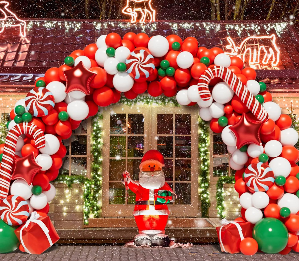 Christmas Balloon Garland Arch Kit - Includes Red and White Candy Balloons, Gift Box Balloons, and Red Star Balloons for Holiday Party Decorations