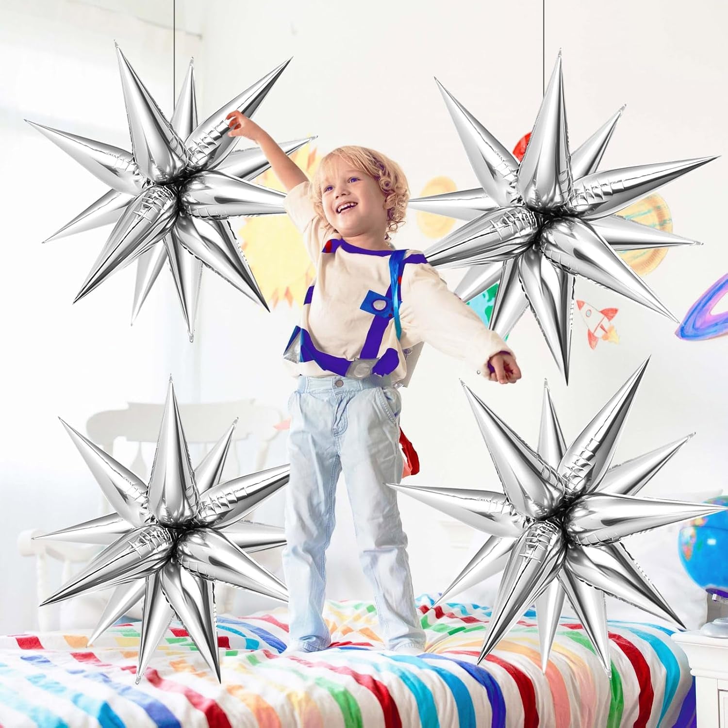 74 PCS Silver Star Balloons, 12 Point Star Foil Mylar Balloons Spike Explosion Cone Balloon for Party Decorations Supplies, Birthday, Wedding, Baby Shower, Graduation Balloon 2025