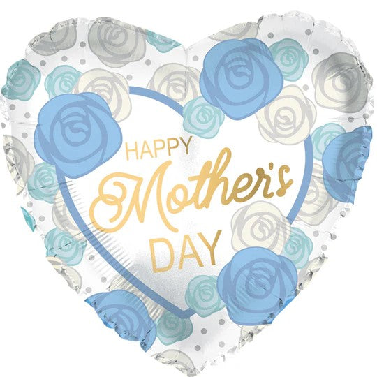 18" Mother's Day Blue and Silver Roses Heart Shape Balloon (5PACK) #214310