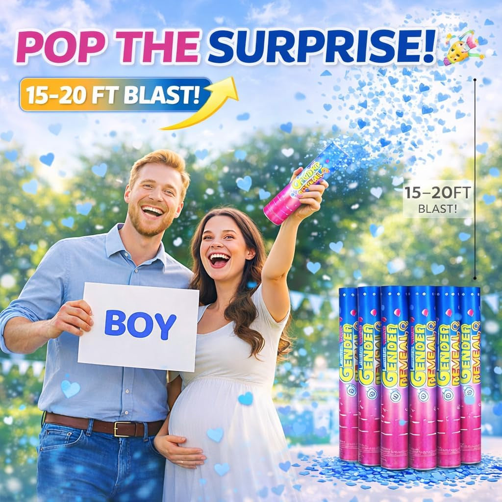 Gender Reveal Confetti Cannons Party Poppers – Gender Reveal Cannon Kit with Heart-Shaped Confetti – Easy Twist Shooters for Baby Reveal Party Decorations (Blue Confetti Cannoons)