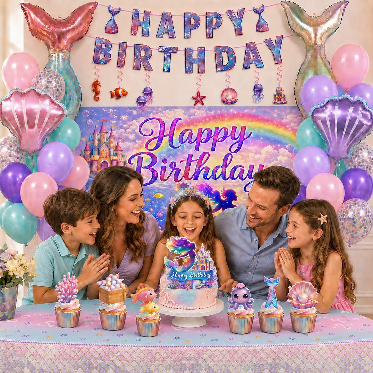 Mermaid Birthday Party Decorations Set, Sea Party Supplies with Happy Birthday Banner, Mermaid Backdrop,Tablecloth, Foil & Latex Balloons,Cake Toppers Hanging Swirls for Girls Birthday Party