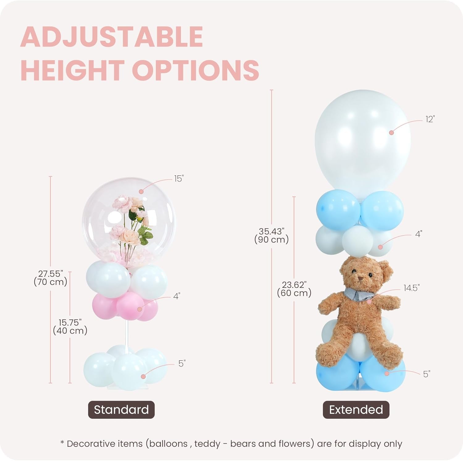 Balloon Stands for Table Set of 10, Adjustable Height 15.75 Inch, 23.62 Inch Balloon Centerpiece Stand, Acrylic Balloon Stick Holder with Base for Party Decorations (Balloons Not Included)