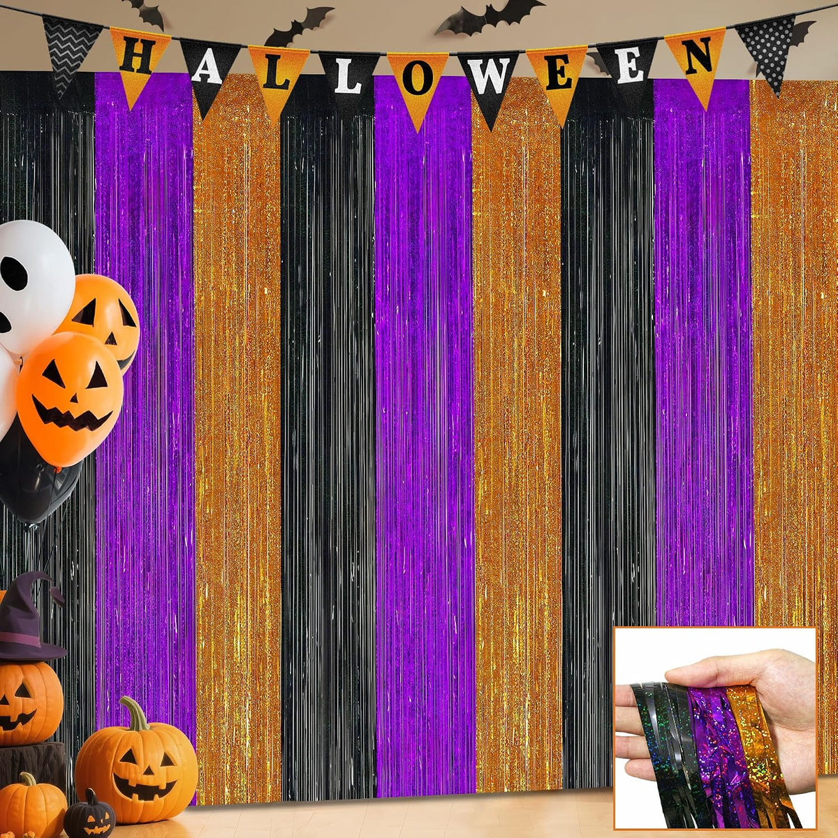 Halloween Party Decorations, 2 Pack Halloween Foil Fringe Curtains 3.3 X 6.6 Ft, Orange Purple Black Bat Pattern Halloween Party Backdrop Photo Booth Props Streamers Halloween Birthday Party Supplies