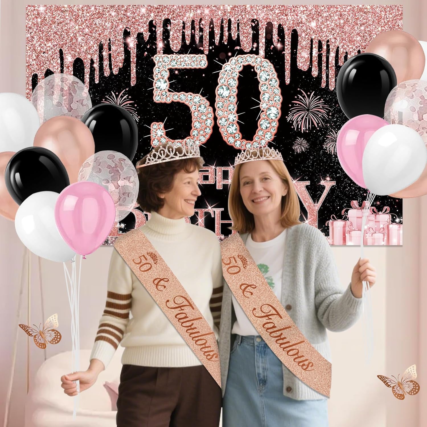 50Th Birthday Decorations for Women, 49Pcs Black Rose Gold Black Happy 50Th Birthday Banner, Tablecloth, Butterfly Decor, Sash and Tiara, Cake Topper, Candles, Balloons Arch