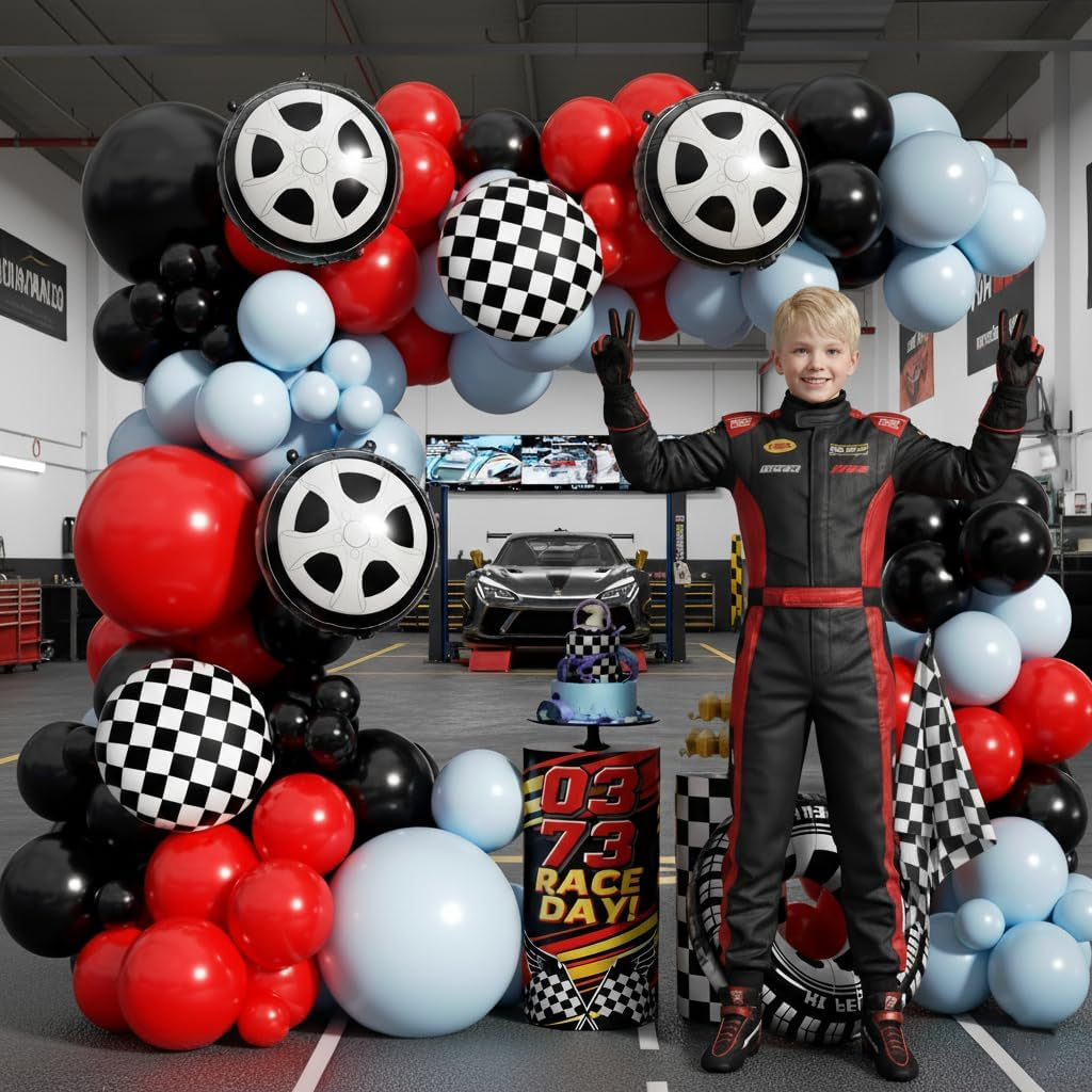 Race Car Balloon Arch Garland Kit - 154-Piece Set with Tire Flags and Checkered Balloons for Racing-Themed Birthday and Anniversary Celebrations