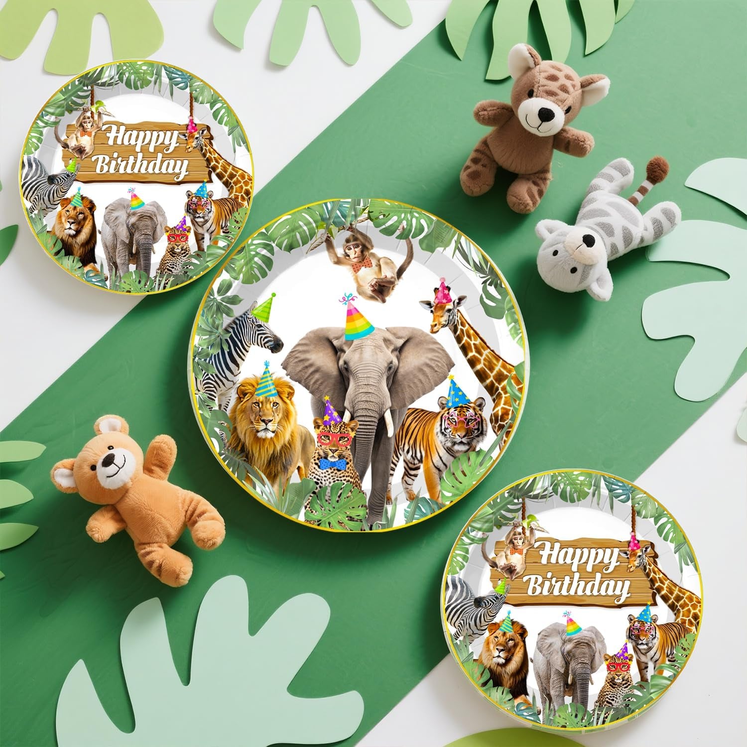 201Pcs Safari Birthday Decorations Tableware Set, 25 Serves Safari Plates and Napkins for Party with 2Pcs Tablecloth, Banner, Balloons for Jungle Birthday Party Decorations