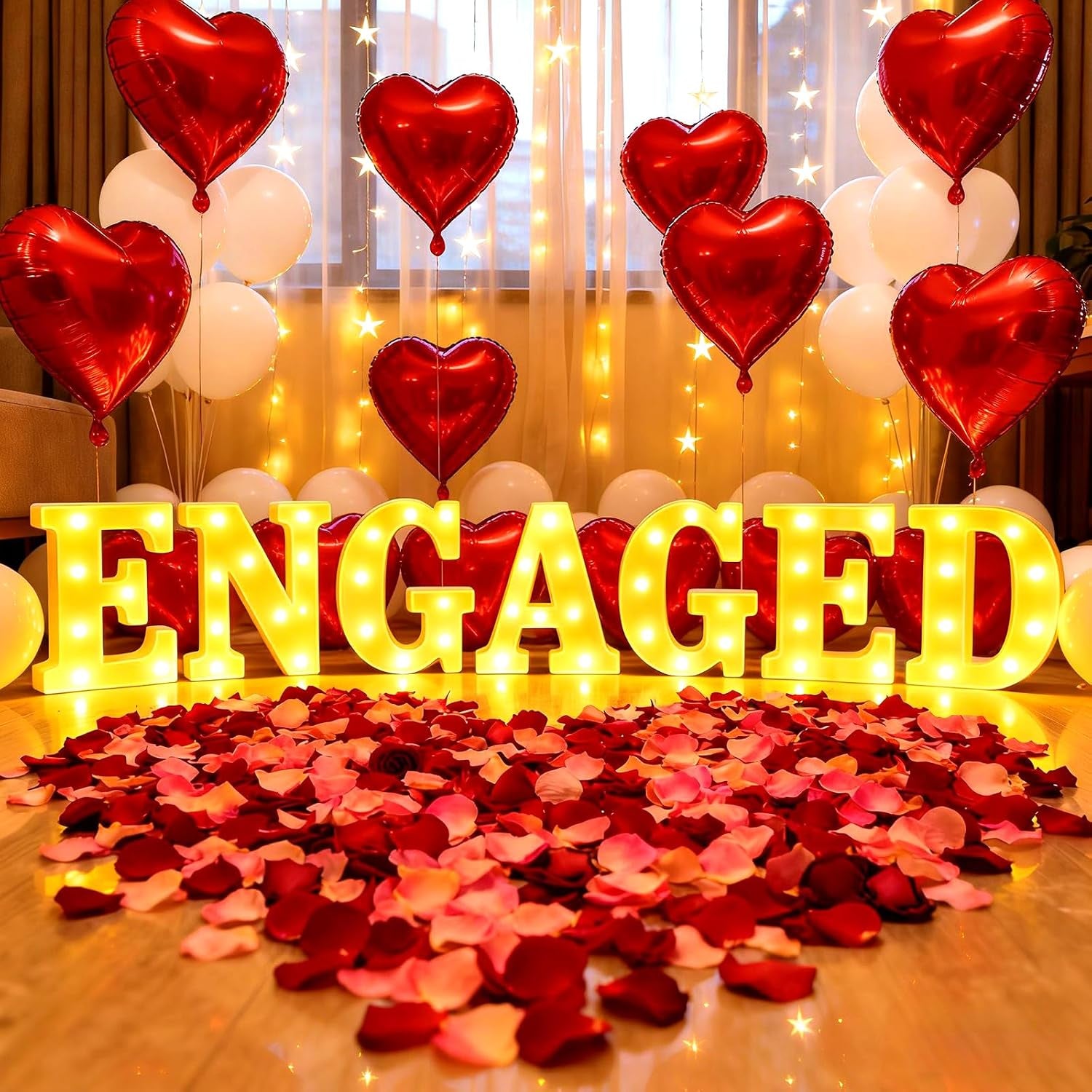 Marry Me Light up Letters, with 30 Tea Lights Candles, Rose Petals, Aluminum Balloons, Balloons, Red Carpet, Rose Ring Box, Double Sided Tape, Valentine'S Day Proposal Engagement Wedding Decorations