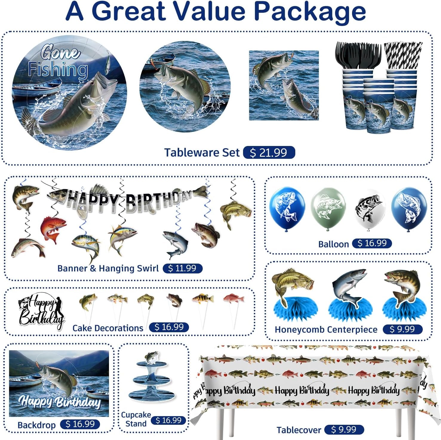 219 Pcs Fishing Birthday Party Decorations Serves 25 Guests, Fish All-In-One Birthday Tableware Set with Plates, Backdrop, Cupcake Stand, Napkins, Banner, Tablecloth, Cake Topper and Centerpieces