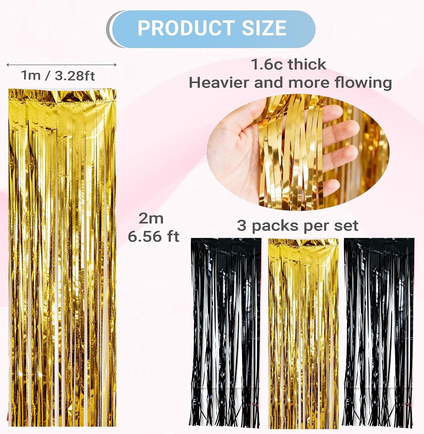3-Pack Black Gold Foil Fringe Curtain,Party Decoration Streamer | 9.9*6.5Ft Party Backdrop,Birthday Tinsel,Happy Retirement Back Drop,Graduation ,Farewell,Summer Back to School