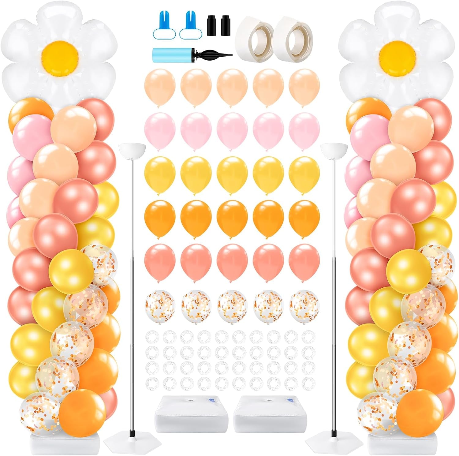 2 Sets Daisy Pastel Party Balloon Column Stand Kit, Adjustable Groovy Balloon Arch Stand Kit for Macaron Boho Summer Daisy Floral Theme Easter Party Decoration