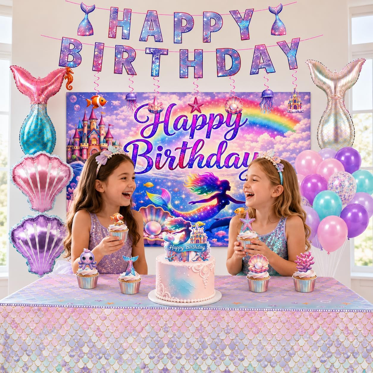 Mermaid Birthday Party Decorations Set, Sea Party Supplies with Happy Birthday Banner, Mermaid Backdrop,Tablecloth, Foil & Latex Balloons,Cake Toppers Hanging Swirls for Girls Birthday Party