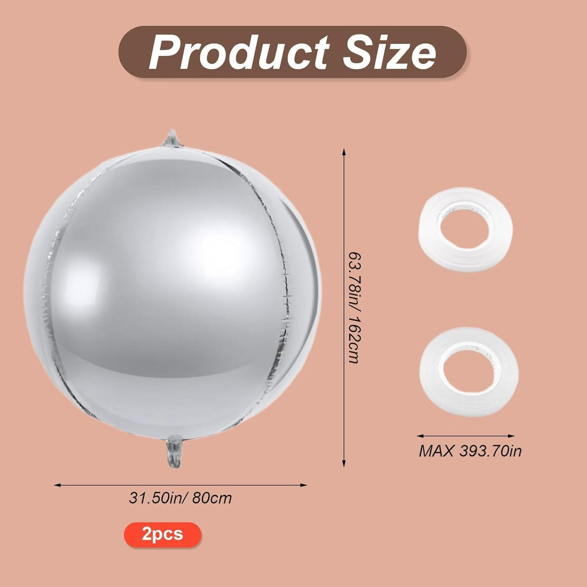 Set of 2 Oversized Silver Foil Balloons - Metallic Party Decorations