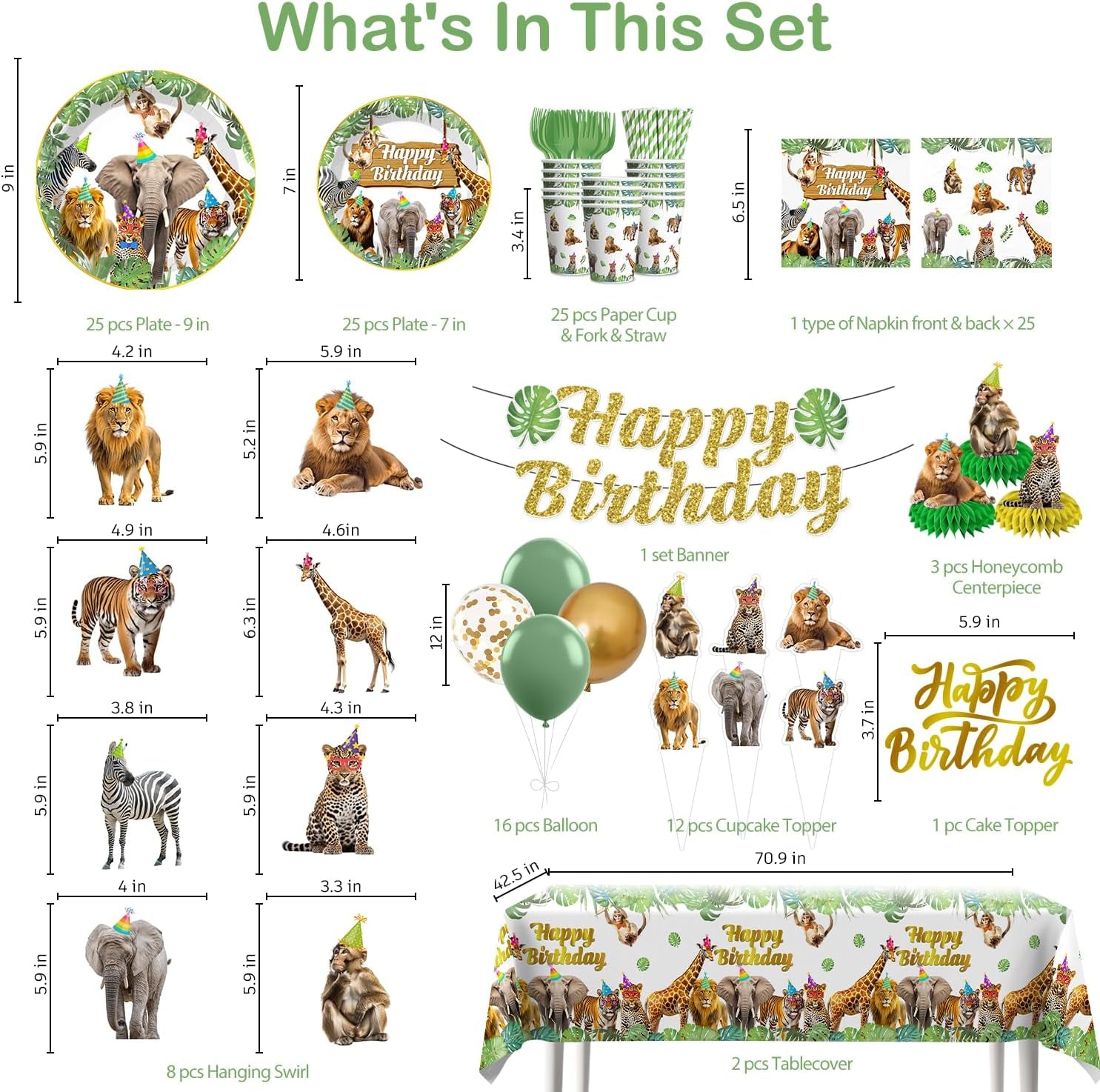 201Pcs Safari Birthday Decorations Tableware Set, 25 Serves Safari Plates and Napkins for Party with 2Pcs Tablecloth, Banner, Balloons for Jungle Birthday Party Decorations