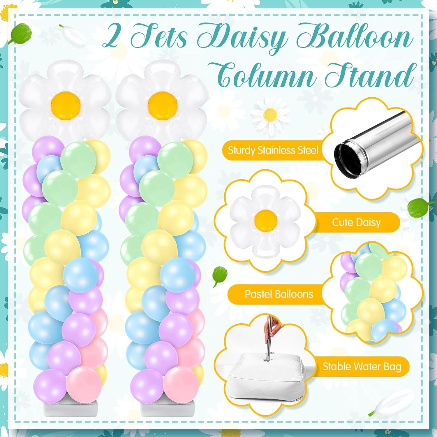 2 Sets Daisy Pastel Party Balloon Column Stand Kit, Adjustable Groovy Balloon Arch Stand Kit for Macaron Boho Summer Daisy Floral Theme Easter Party Decoration