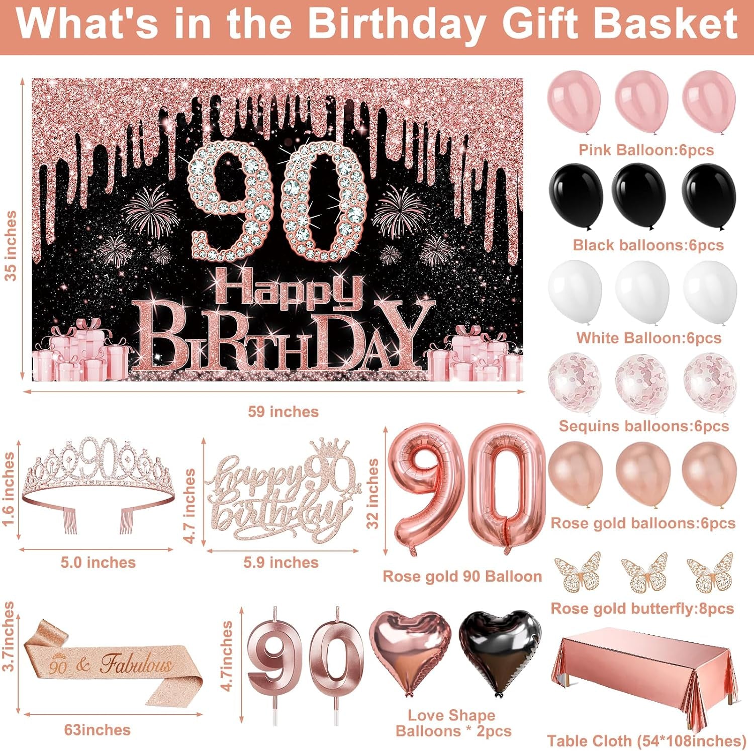 90Th Birthday Decorations for Women, 49Pcs Black Rose Gold Black Happy 90Th Birthday Banner, Tablecloth, Butterfly Decor, Sash and Tiara, Cake Topper, Candles, Balloons Arch