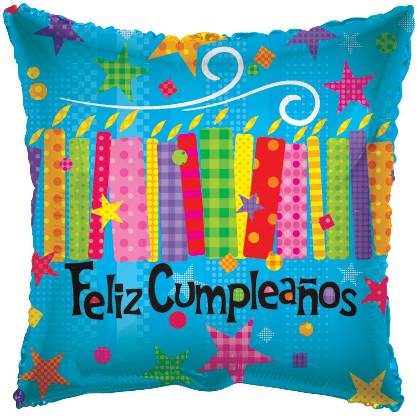 18" Spanish Feliz Cumpleaños Candles Helium Foil Square Balloons (5 PACK) #34164